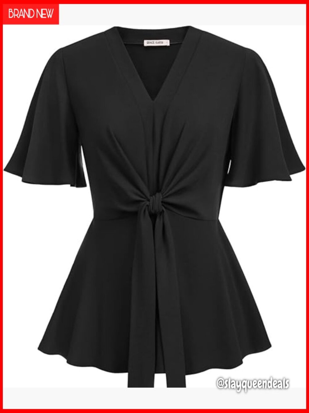 Women's Elegant V Neck Peplum Top with Tie Front Short Bell Sleeves